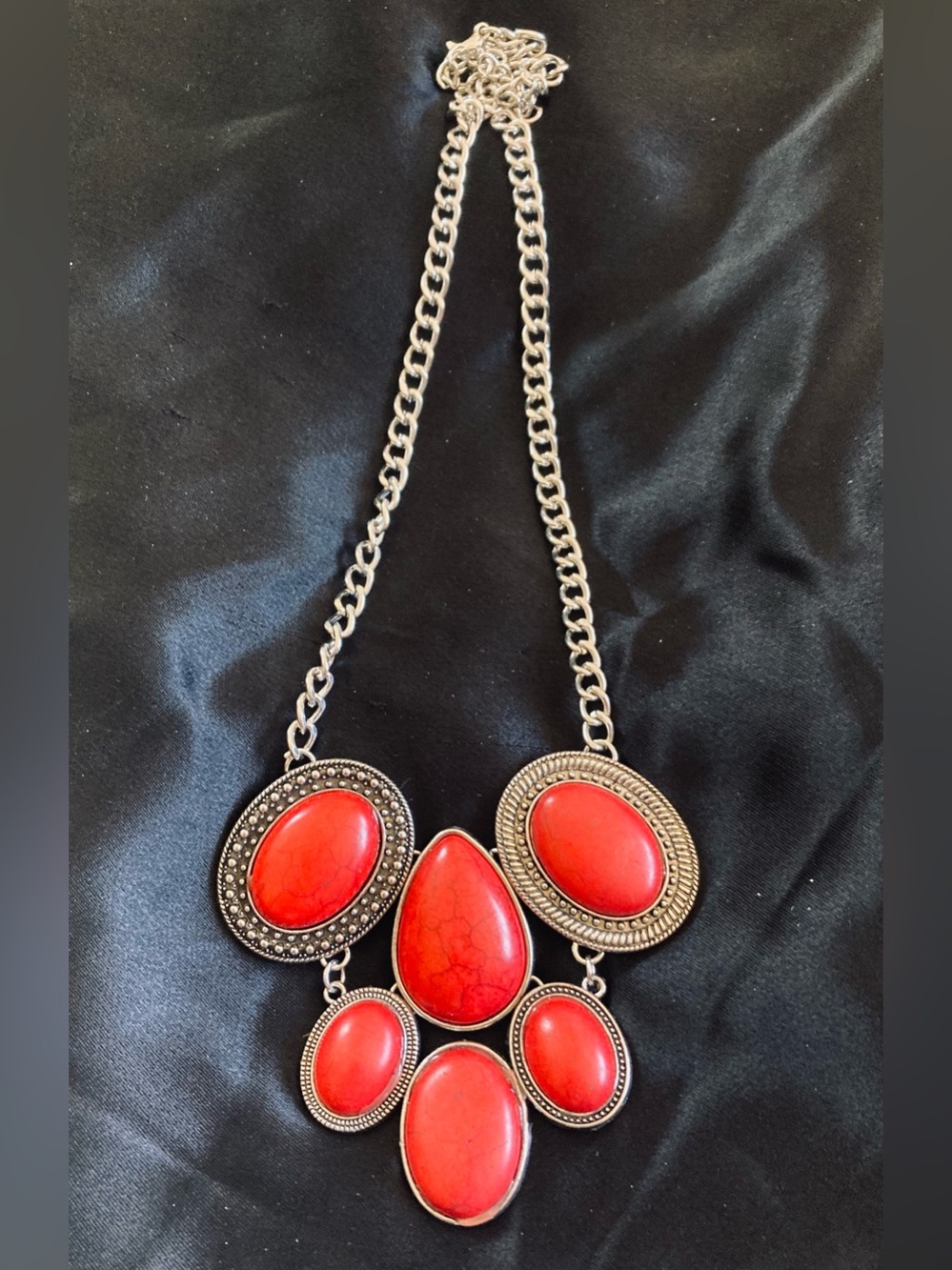 Red Stone Statement Bib Necklace with Silver-Tone Accents